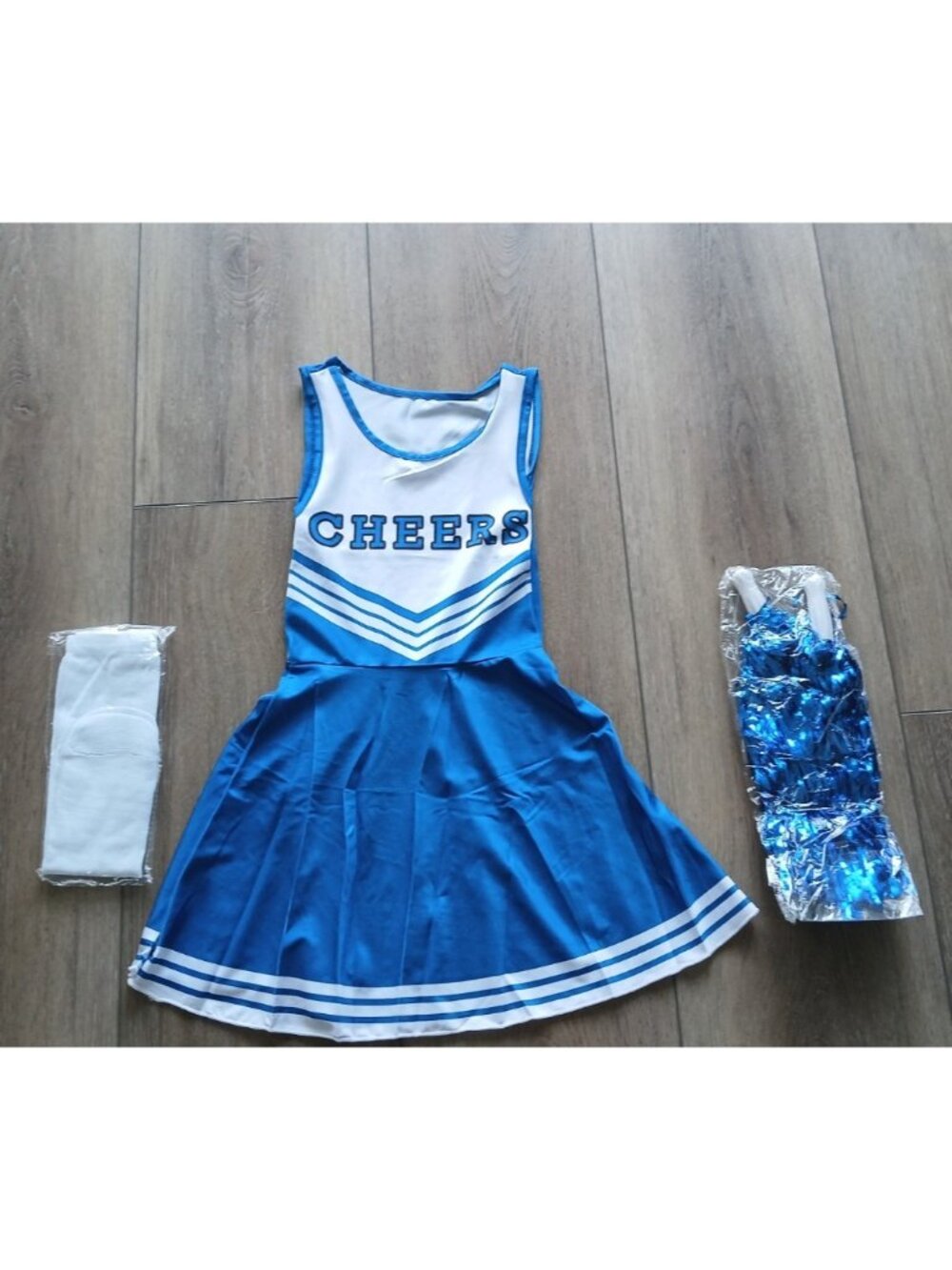 Small Blue White Cheerleader Costume Dress CHEERS Pom Poms Socks Girls Halloween